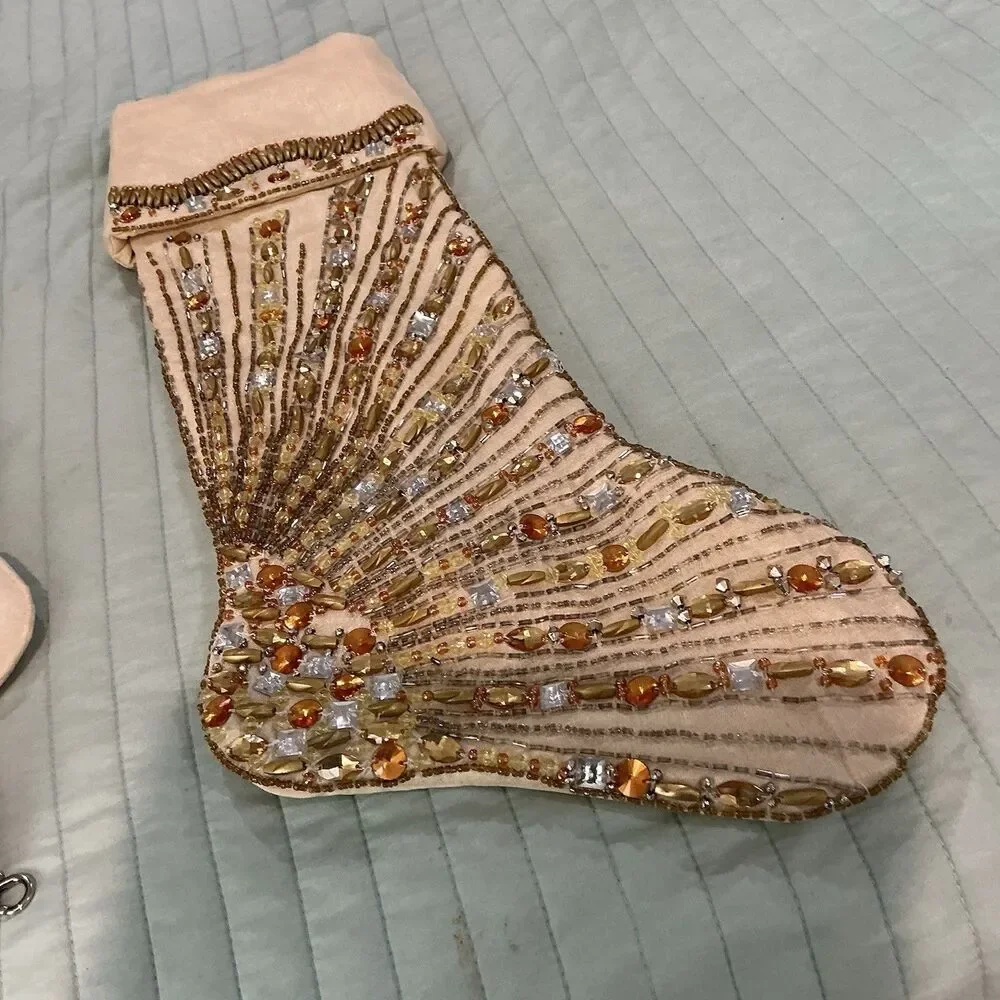 Kim Seybert Living Beaded Christmas Stocking Ivory Gold Jeweled Holiday 20”